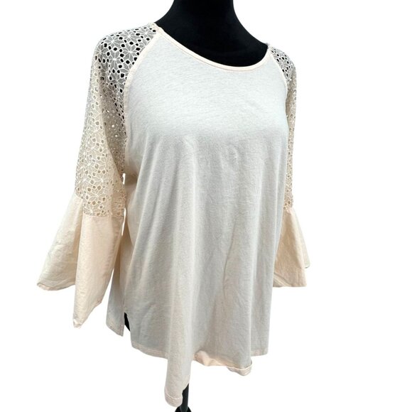 Dg2 XL Womens Bell Sleeve Top Cotton Eyelet Lace Boho Country Cottagecore Raglan - Picture 1 of 6